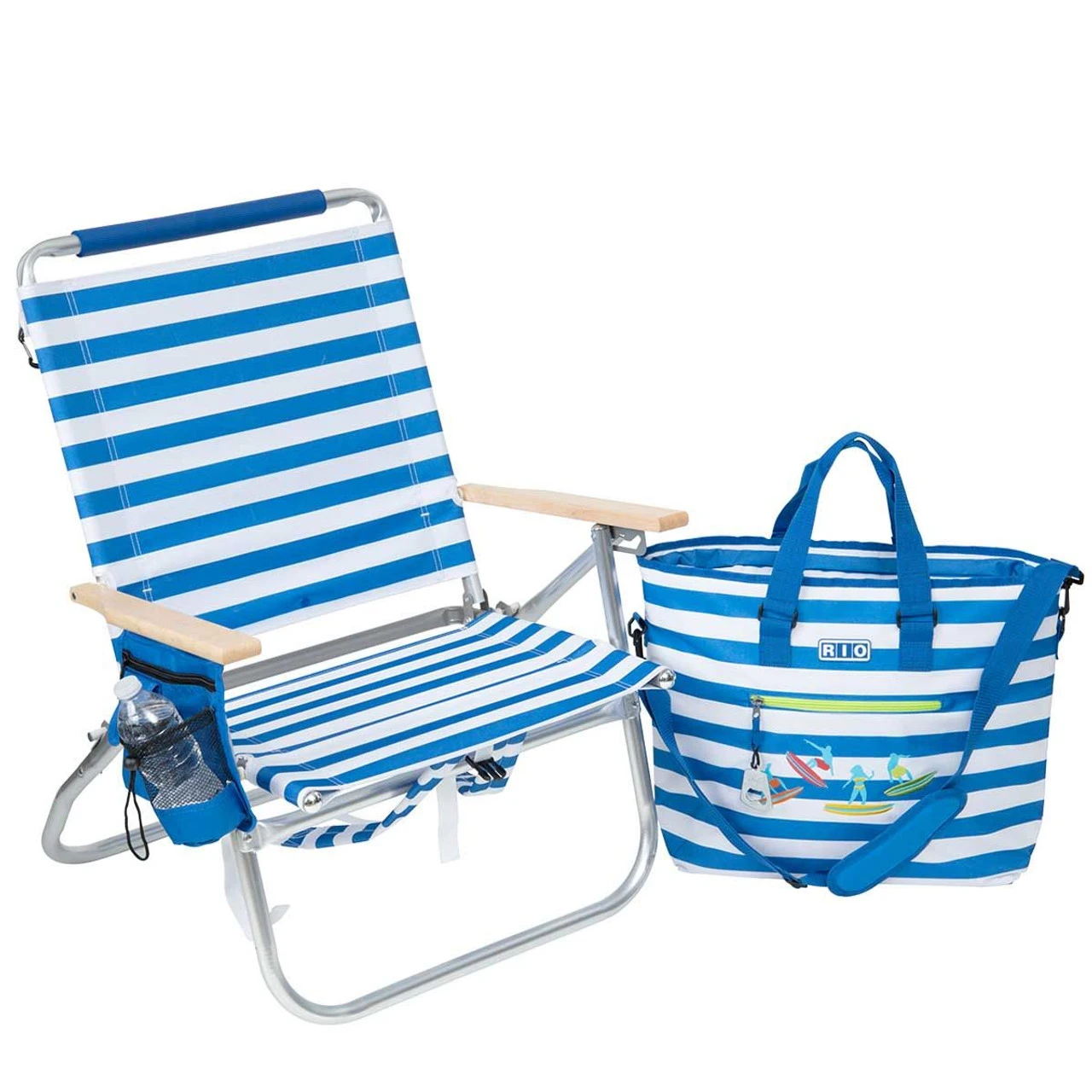 Rio Brands Rio 3 Position Aluminum Backpack Chair With Removeable Tote - Blue White Stripe - Image 2