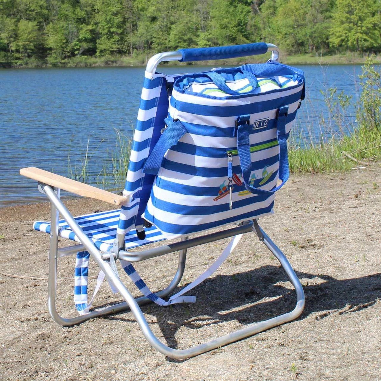 Rio Brands Rio 3 Position Aluminum Backpack Chair With Removeable Tote - Blue White Stripe - Image 5