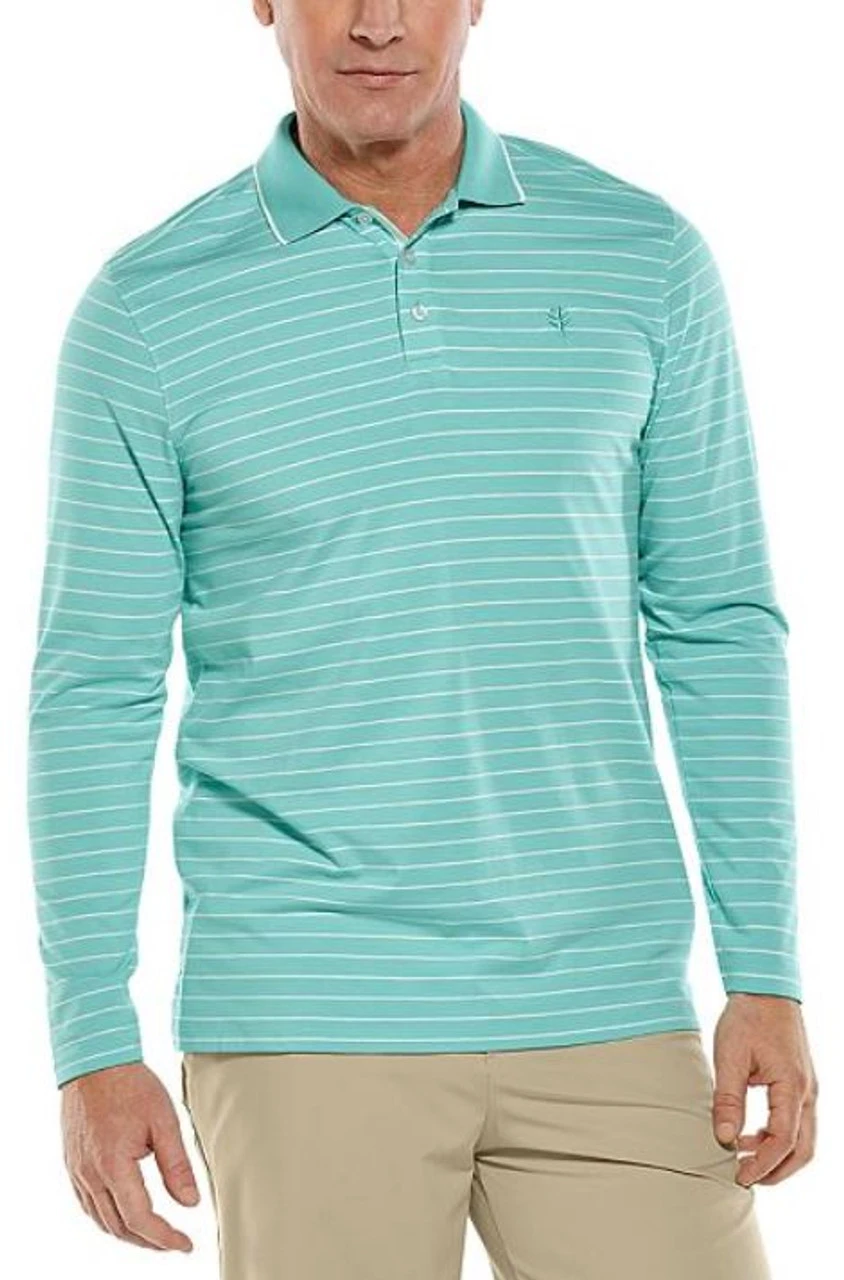 Coolibar Men's Long Sleeve Weekend Polo - Seafoam/White UPF 50+