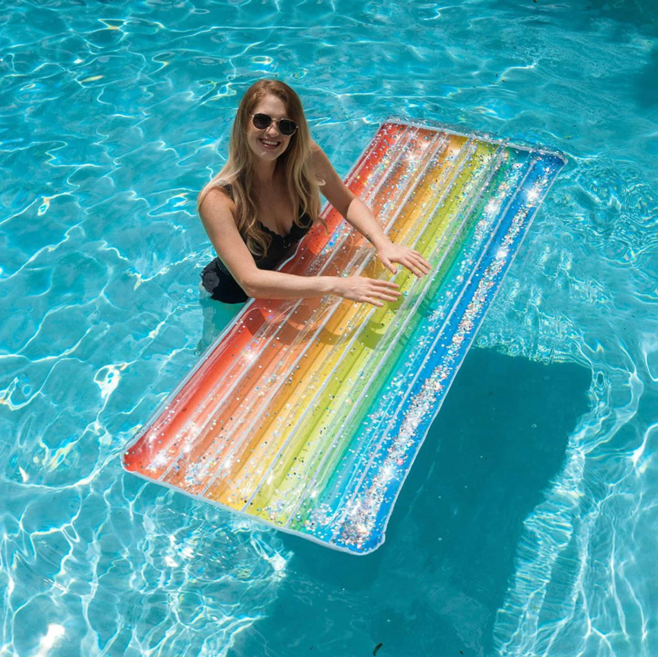 Pool Candy PoolCandy Glitter Collection Rainbow Ombre Deluxe Pool Raft - 74in - Image 2